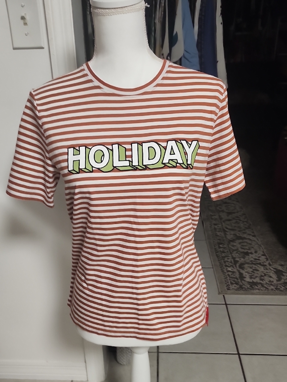 KULE Striped "HOLIDAY" Graphic Tee in Rust and White